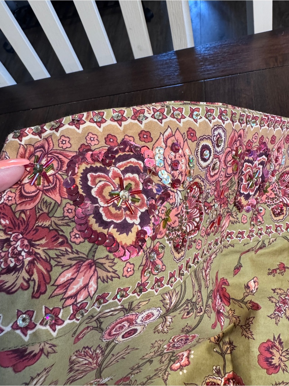 Chaudry KC Sample Embellished Floral Midi Skirt Olive Pink Beaded Boho Small NWT - Picture 6 of 14